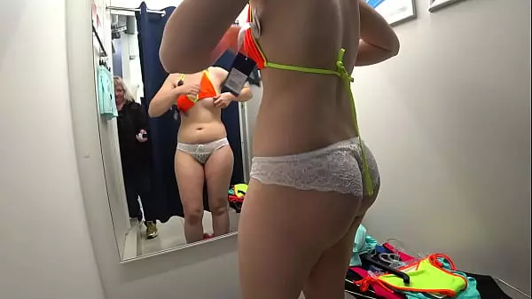Mature Milf And Her Young In A Public Fitting Room. Different Swimsuits And Mini Bikinis On Sexy Big Ass.